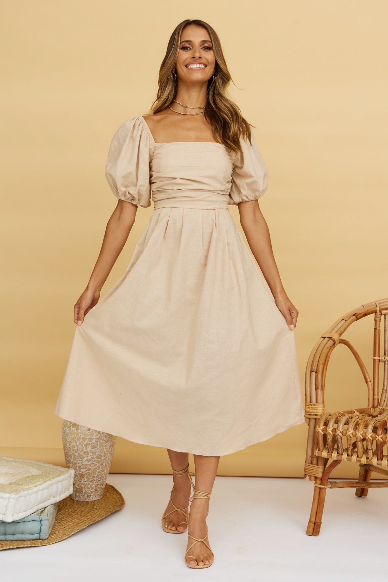 Delfino Maxi Dress Tan-Seaa Fashion