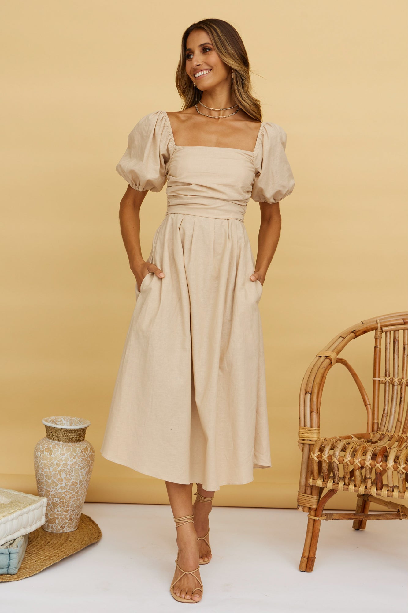 Delfino Maxi Dress Tan-Seaa Fashion
