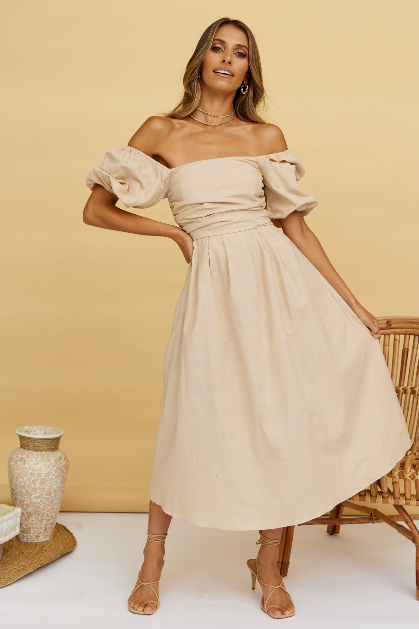 Delfino Maxi Dress Tan-Seaa Fashion