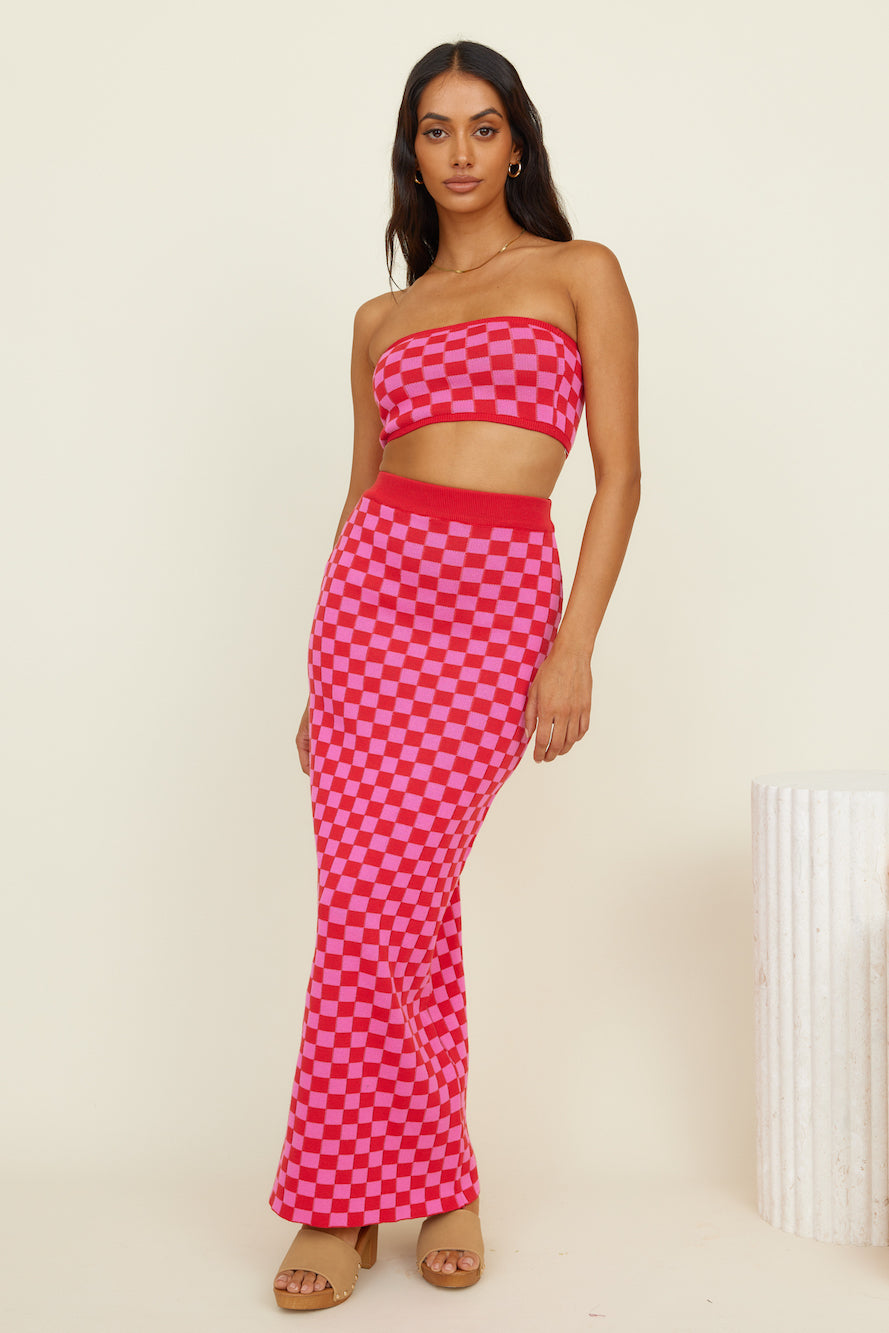 CHARLIE HOLIDAY Valery Maxi Skirt Pink Red Check-Seaa Fashion