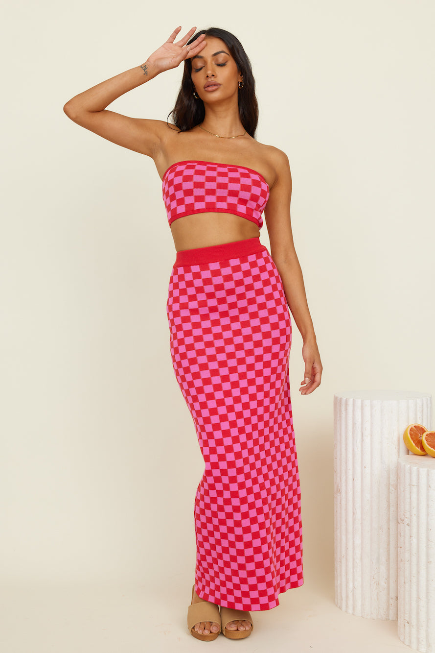 CHARLIE HOLIDAY Valery Maxi Skirt Pink Red Check-Seaa Fashion