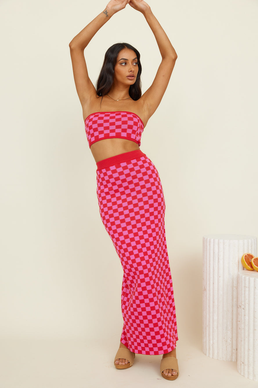 CHARLIE HOLIDAY Valery Maxi Skirt Pink Red Check-Seaa Fashion