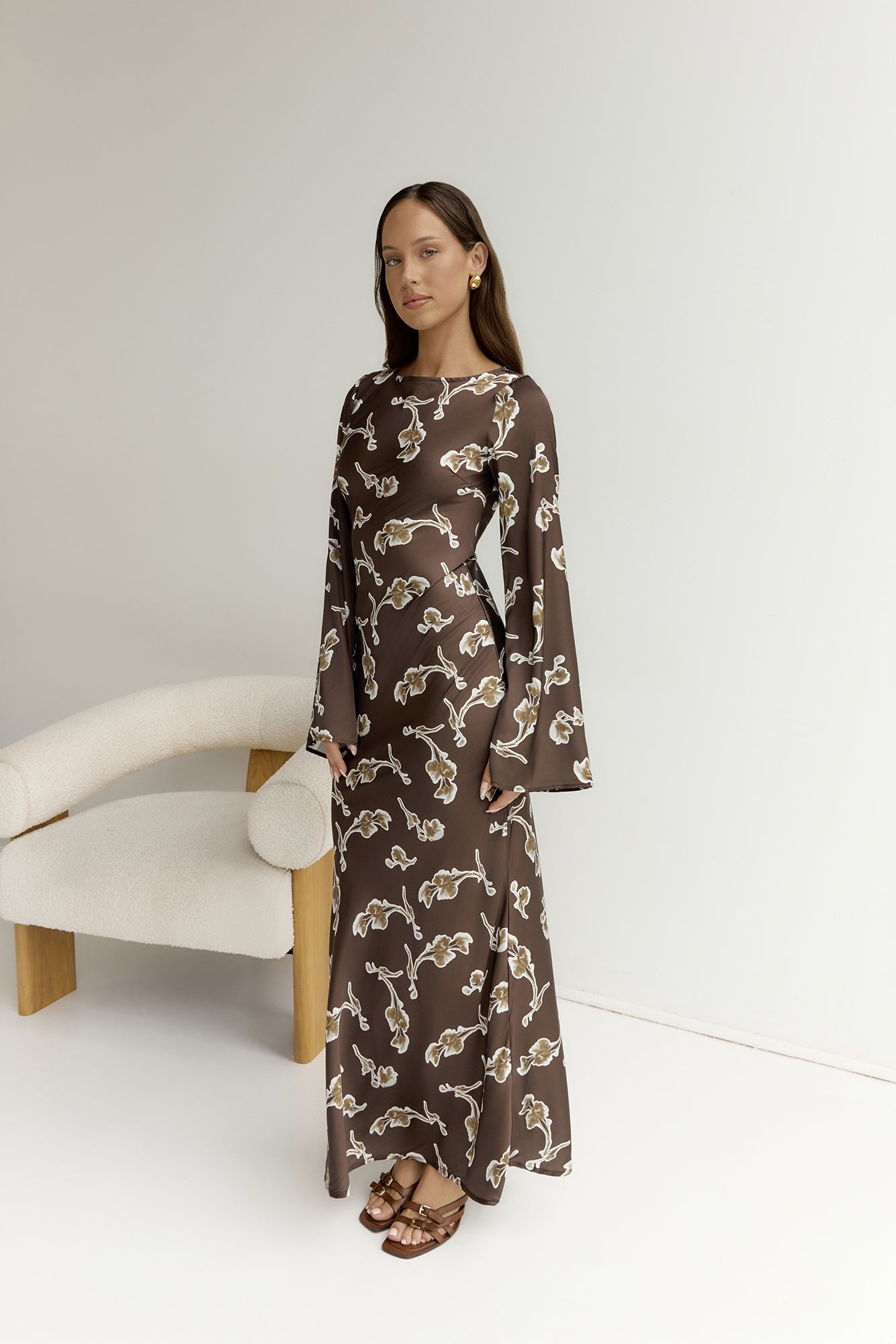 Angeline Long Sleeved Maxi Dress Brown-Seaa Fashion