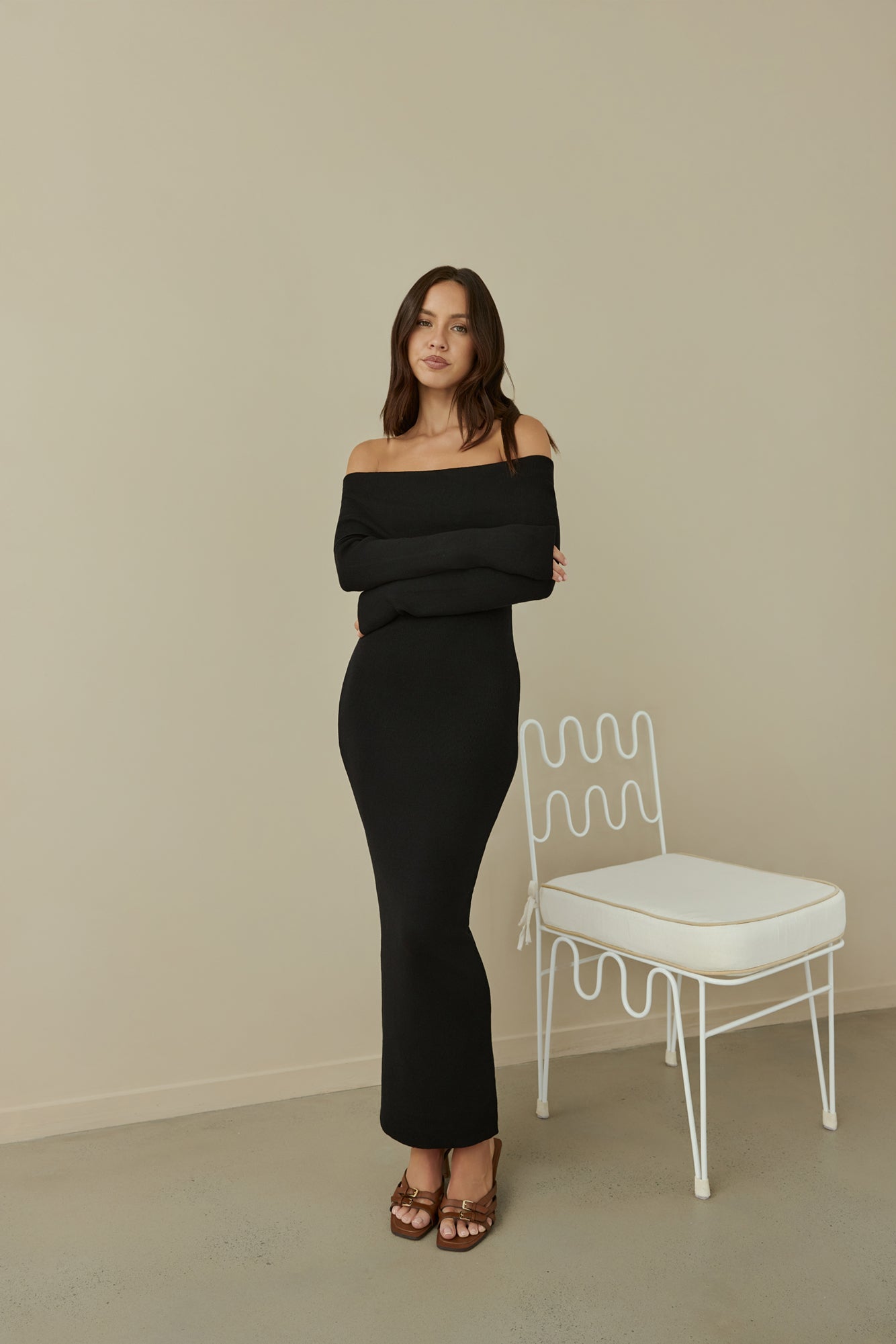 Angels Sing Off Shoulder Knit Maxi Dress Black-Seaa Fashion
