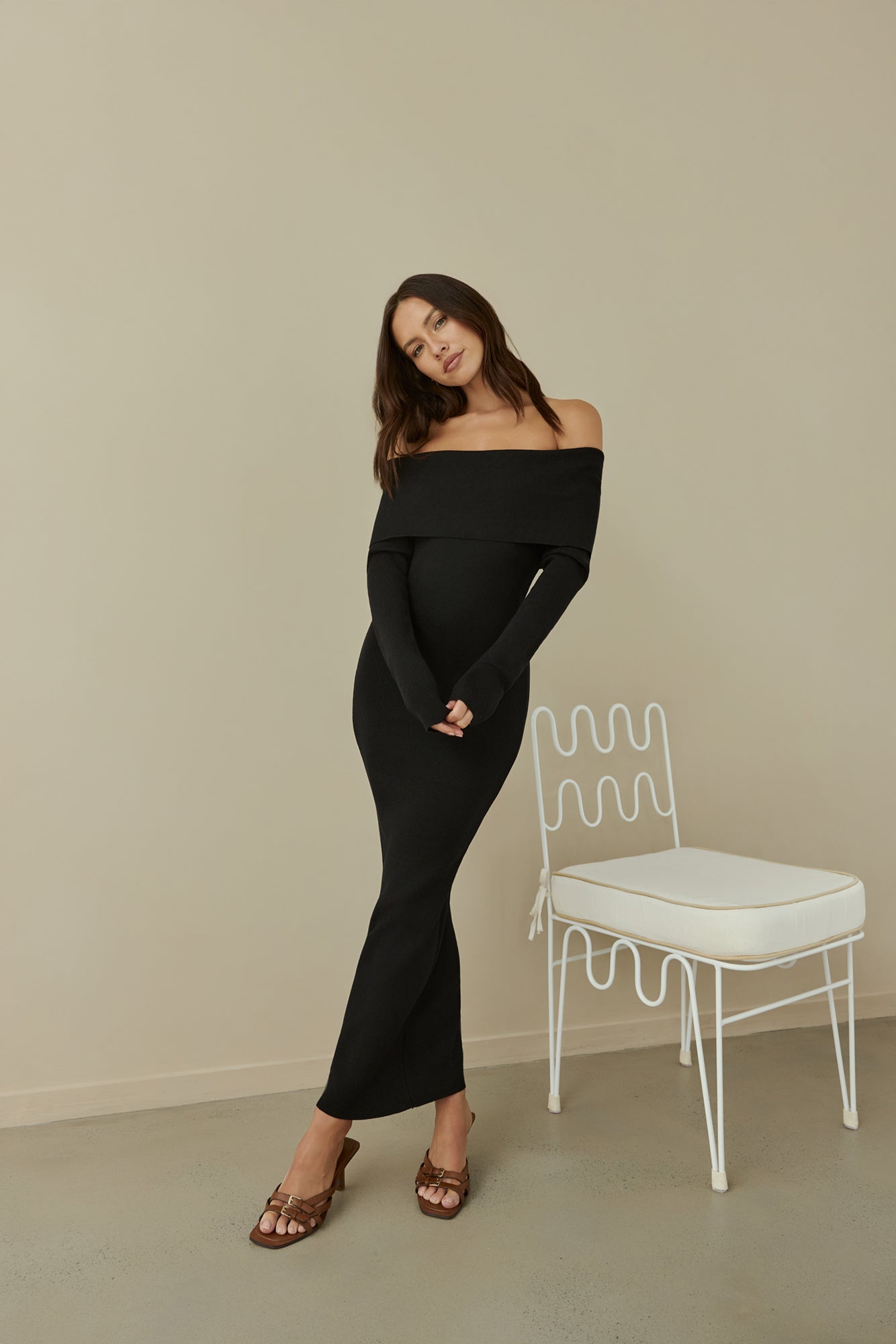 Angels Sing Off Shoulder Knit Maxi Dress Black-Seaa Fashion