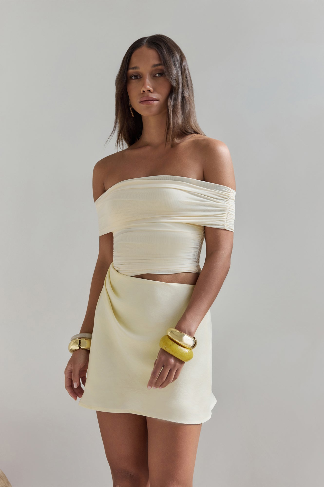 Meet At Sundown Mesh Off Shoulder Mini Dress Yellow-Seaa Fashion