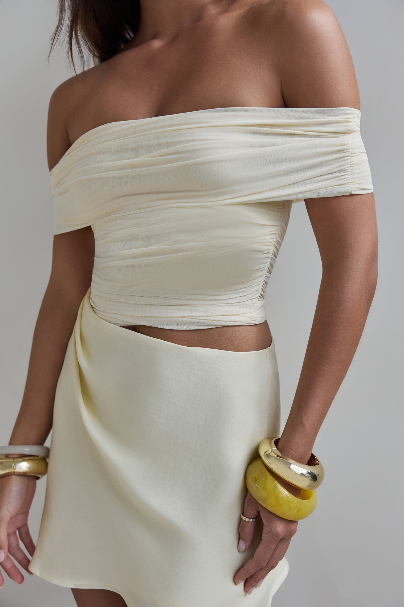 Meet At Sundown Mesh Off Shoulder Mini Dress Yellow-Seaa Fashion