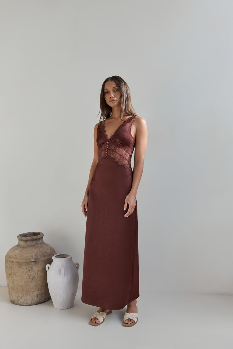 Romantic One Satin Maxi Dress Brown-Seaa Fashion