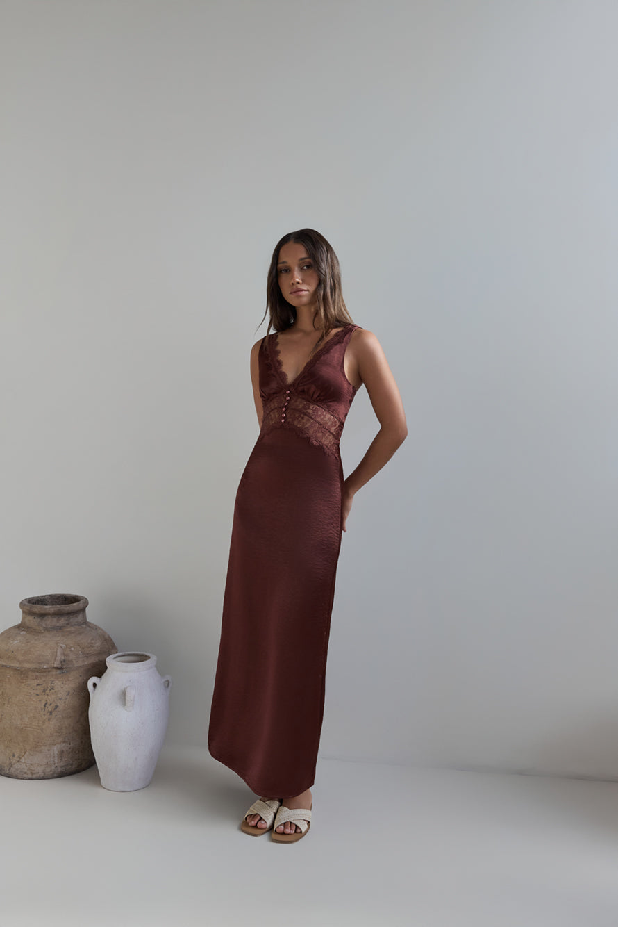 Romantic One Satin Maxi Dress Brown-Seaa Fashion