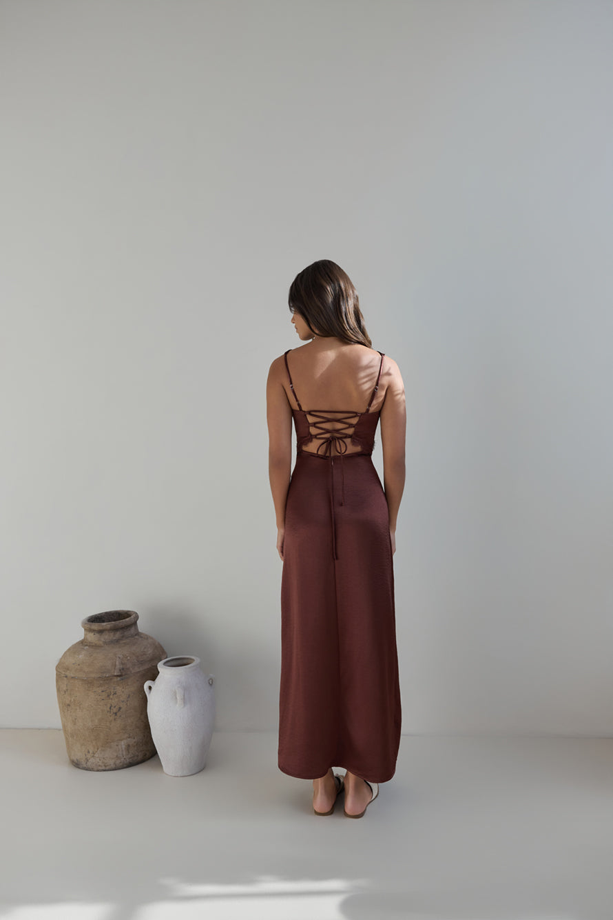 Romantic One Satin Maxi Dress Brown-Seaa Fashion