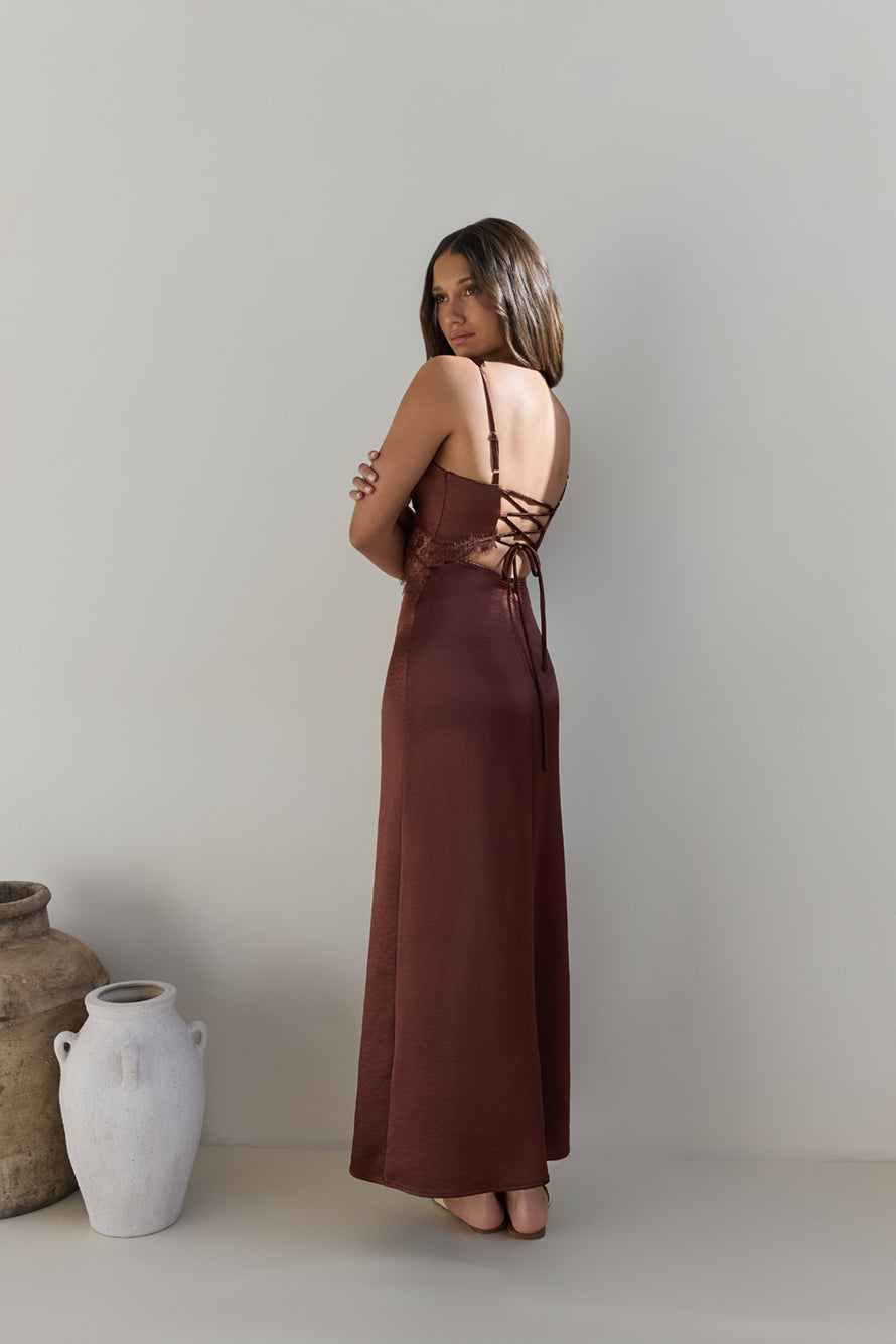 Romantic One Satin Maxi Dress Brown-Seaa Fashion