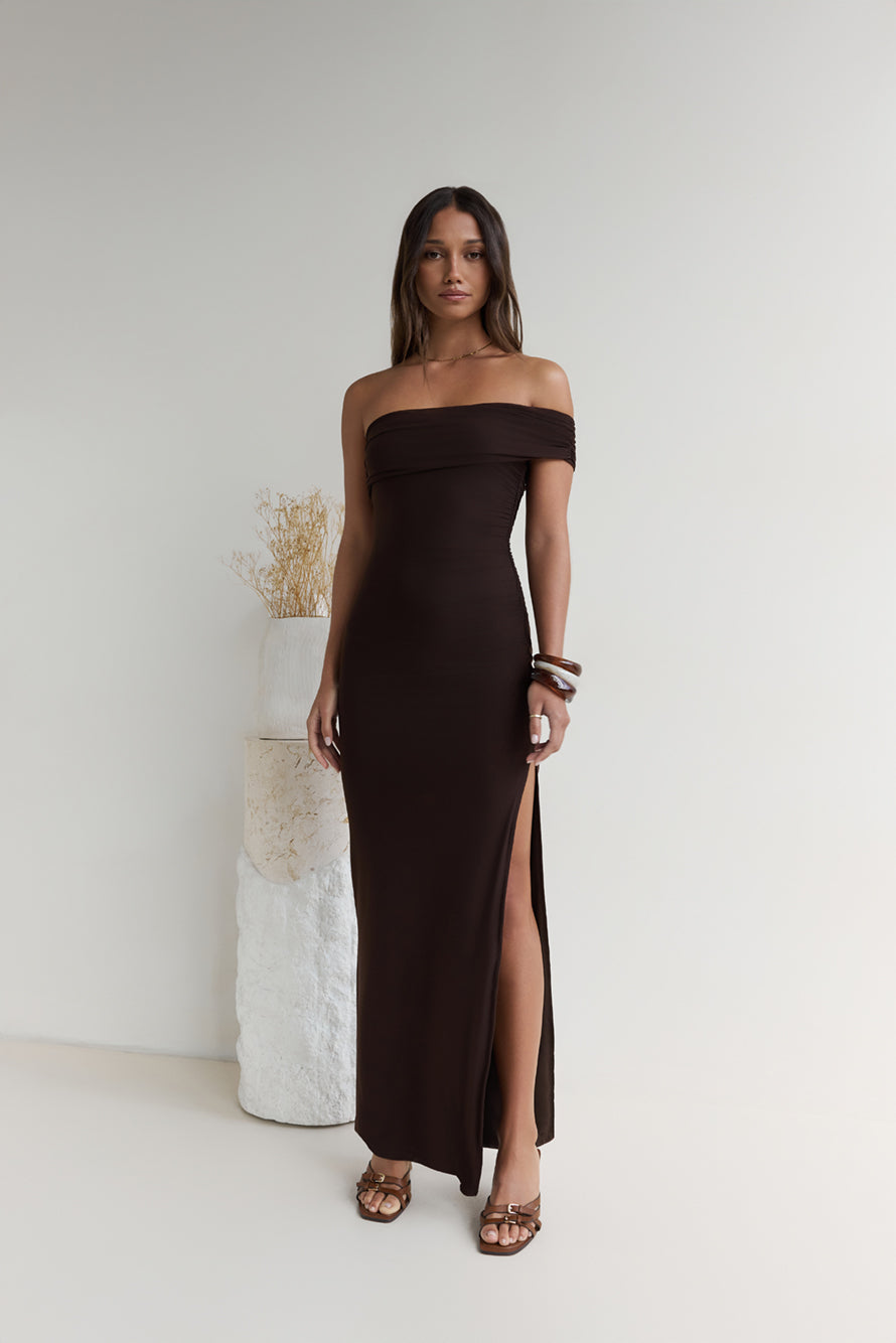 Siren Song One Shoulder Mesh Maxi Dress Espresso-Seaa Fashion