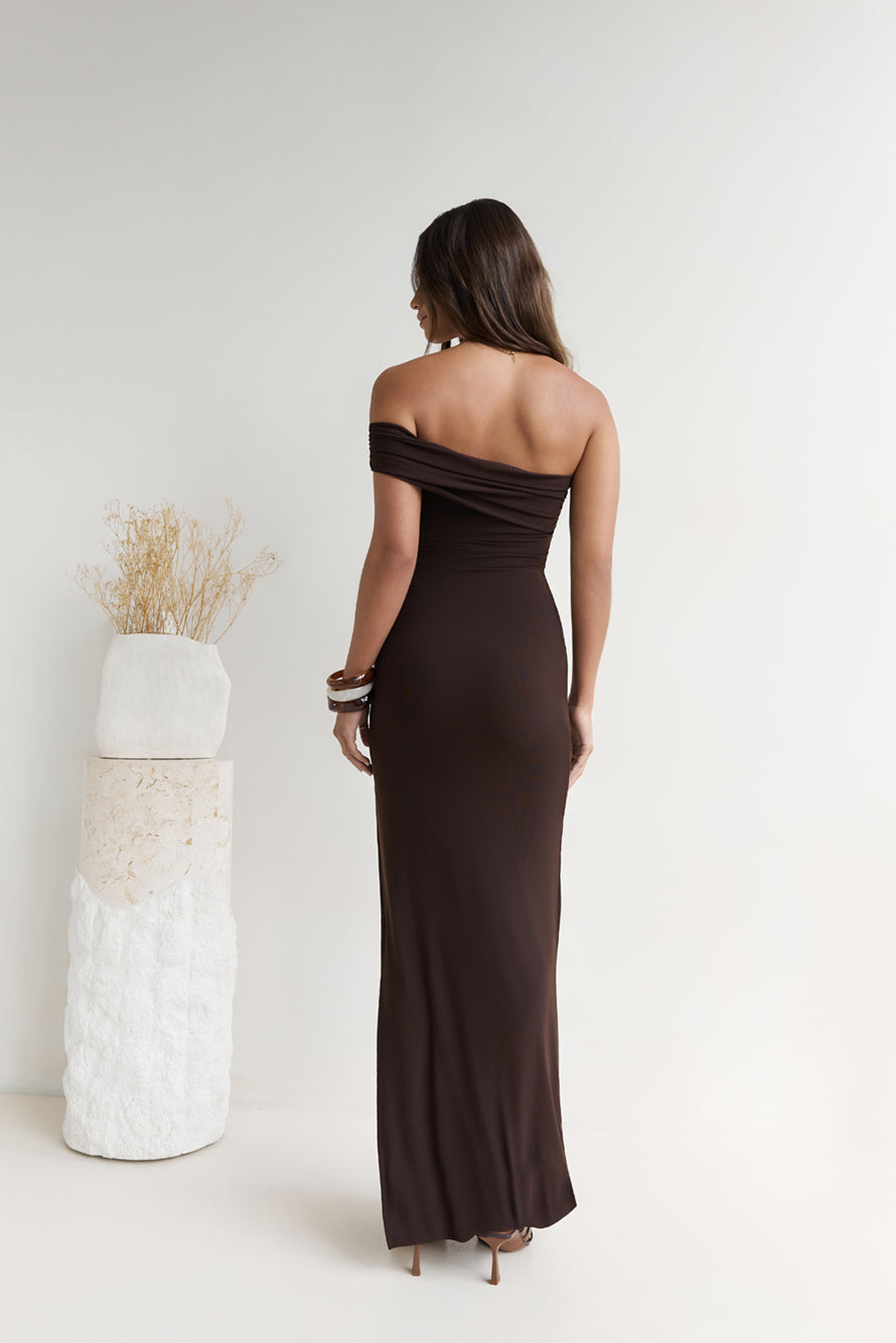 Siren Song One Shoulder Mesh Maxi Dress Espresso-Seaa Fashion