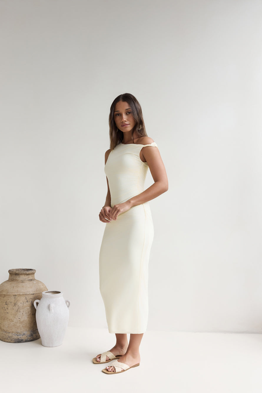 Moonlit Moments Off Shoulder Mesh Maxi Dress Yellow-Seaa Fashion