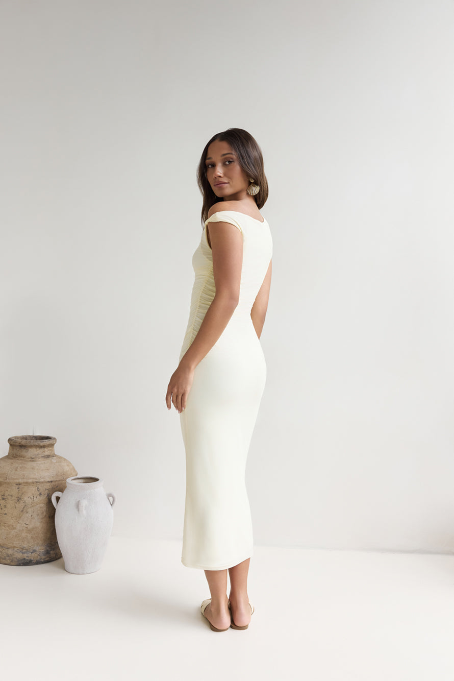 Moonlit Moments Off Shoulder Mesh Maxi Dress Yellow-Seaa Fashion