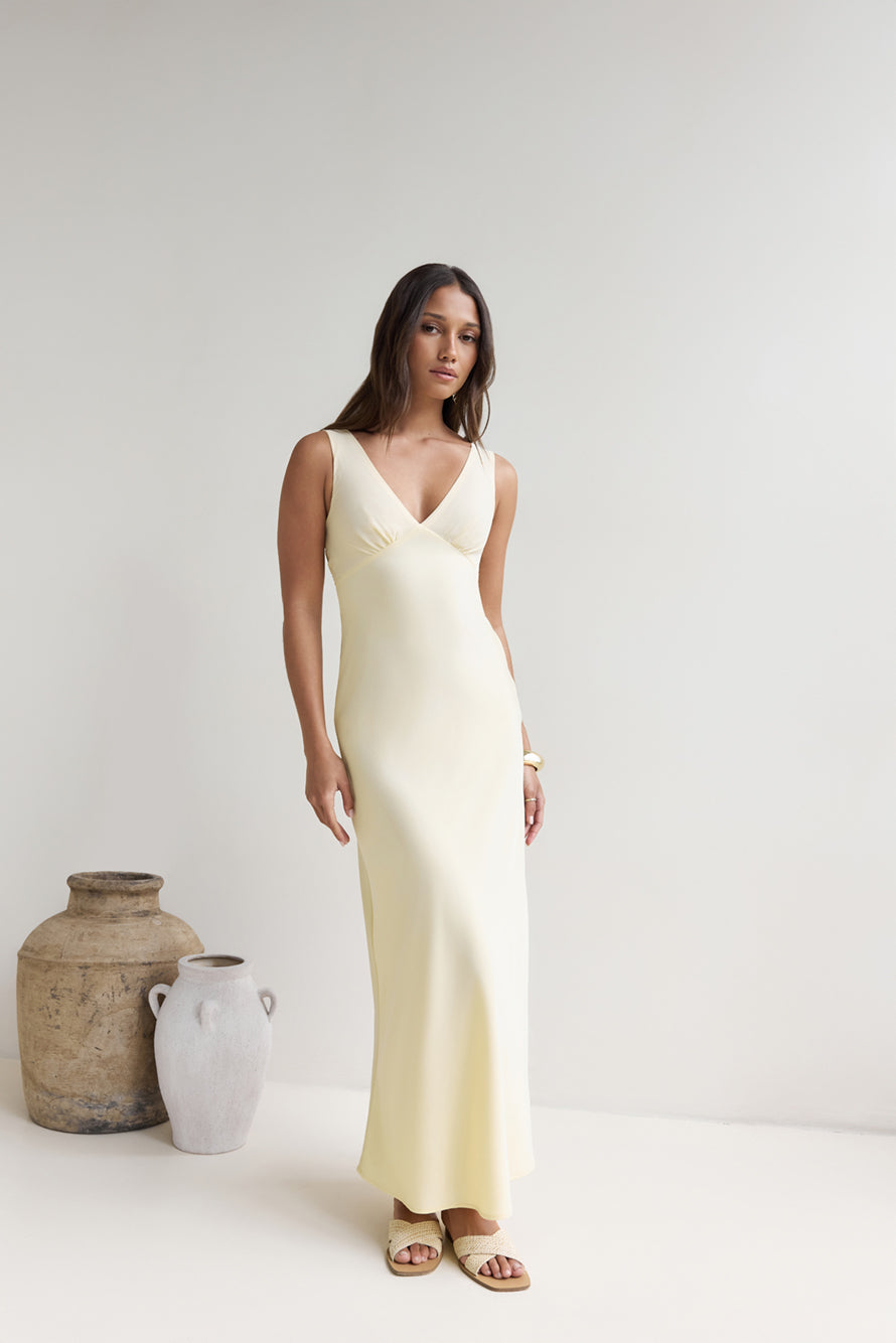 Lost In Daydreams Satin Maxi Dress Yellow-Seaa Fashion