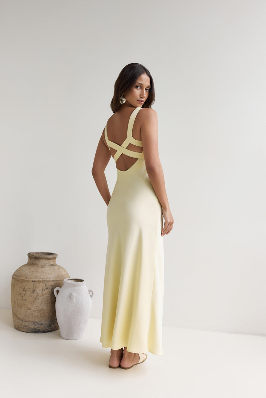 Lost In Daydreams Satin Maxi Dress Yellow-Seaa Fashion