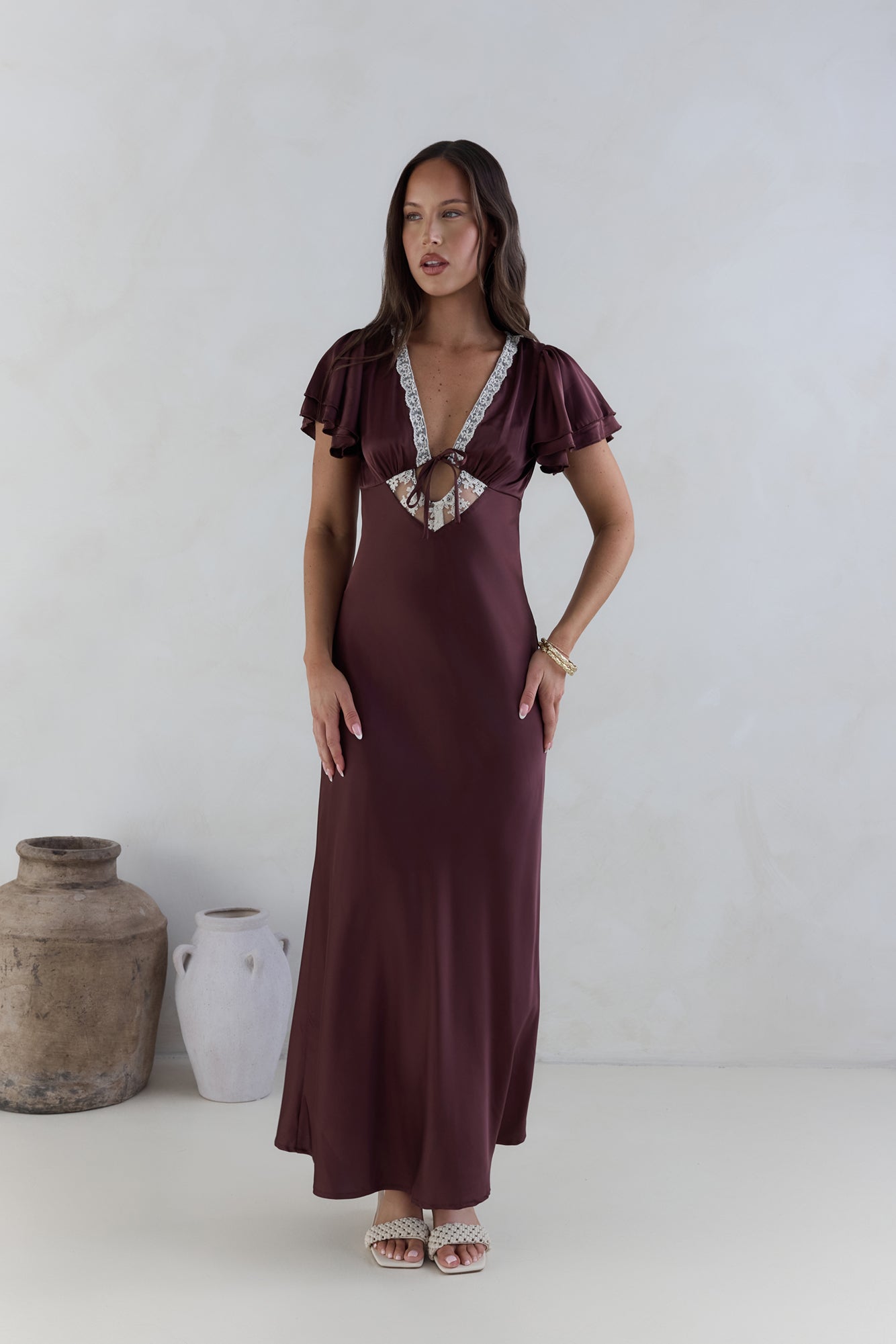 Postcard Dreams Satin Maxi Dress Brown-Seaa Fashion