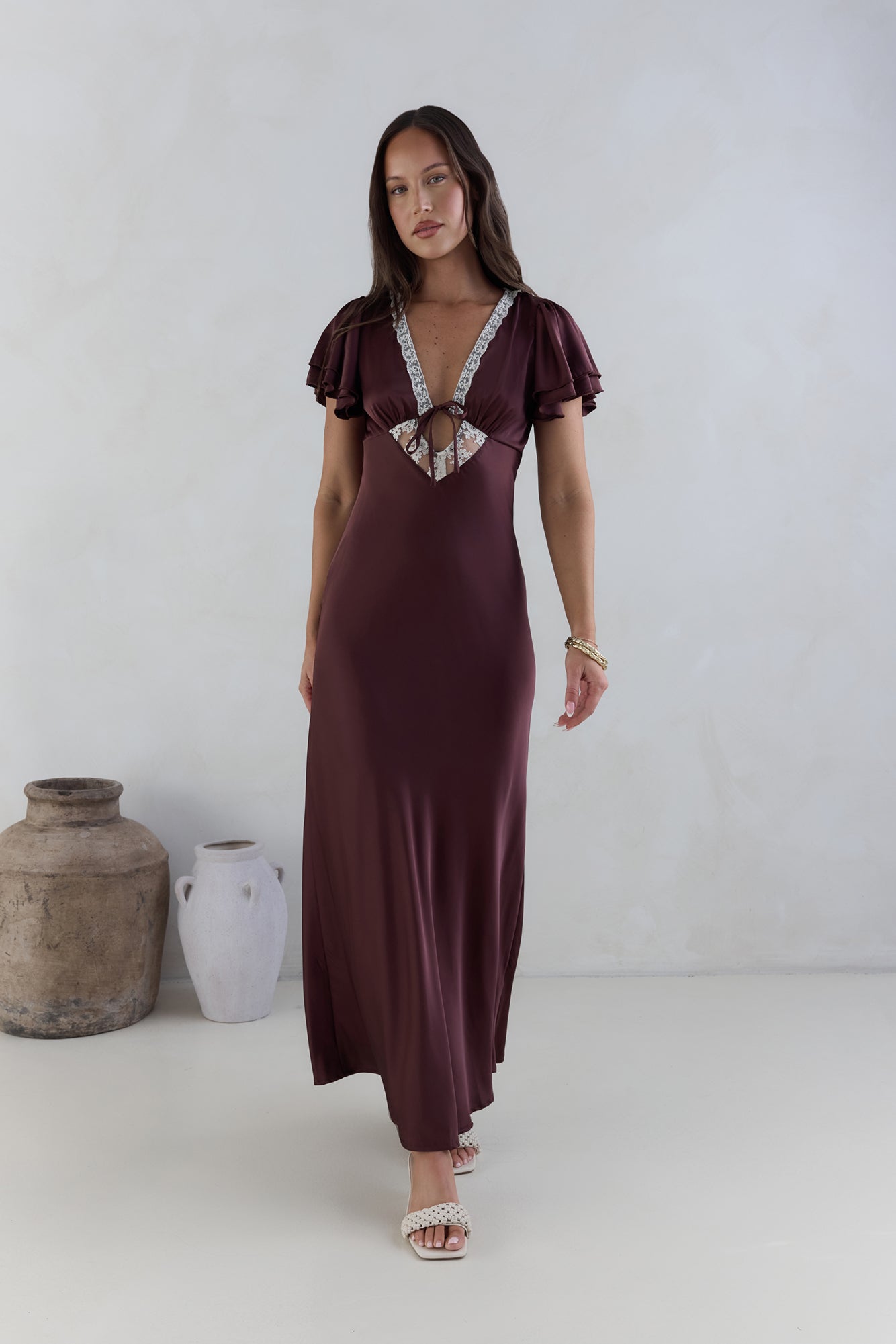 Postcard Dreams Satin Maxi Dress Brown-Seaa Fashion