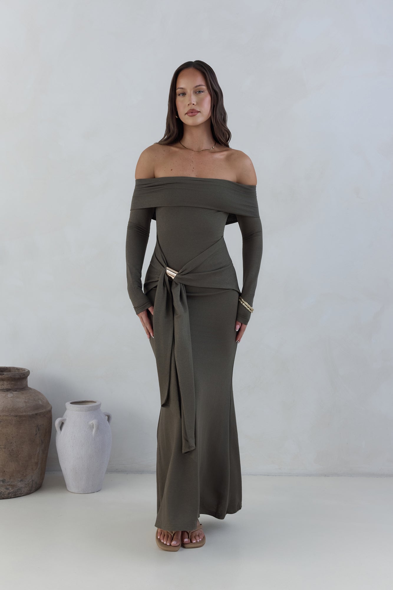 The Getaway Edit Off Shoulder Maxi Dress Olive-Seaa Fashion