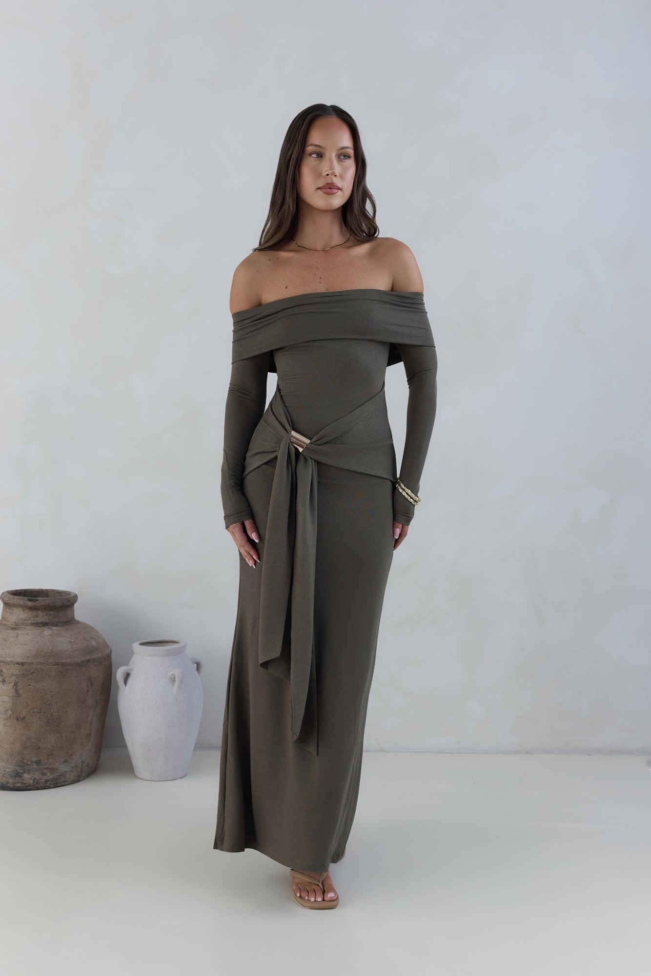 The Getaway Edit Off Shoulder Maxi Dress Olive-Seaa Fashion