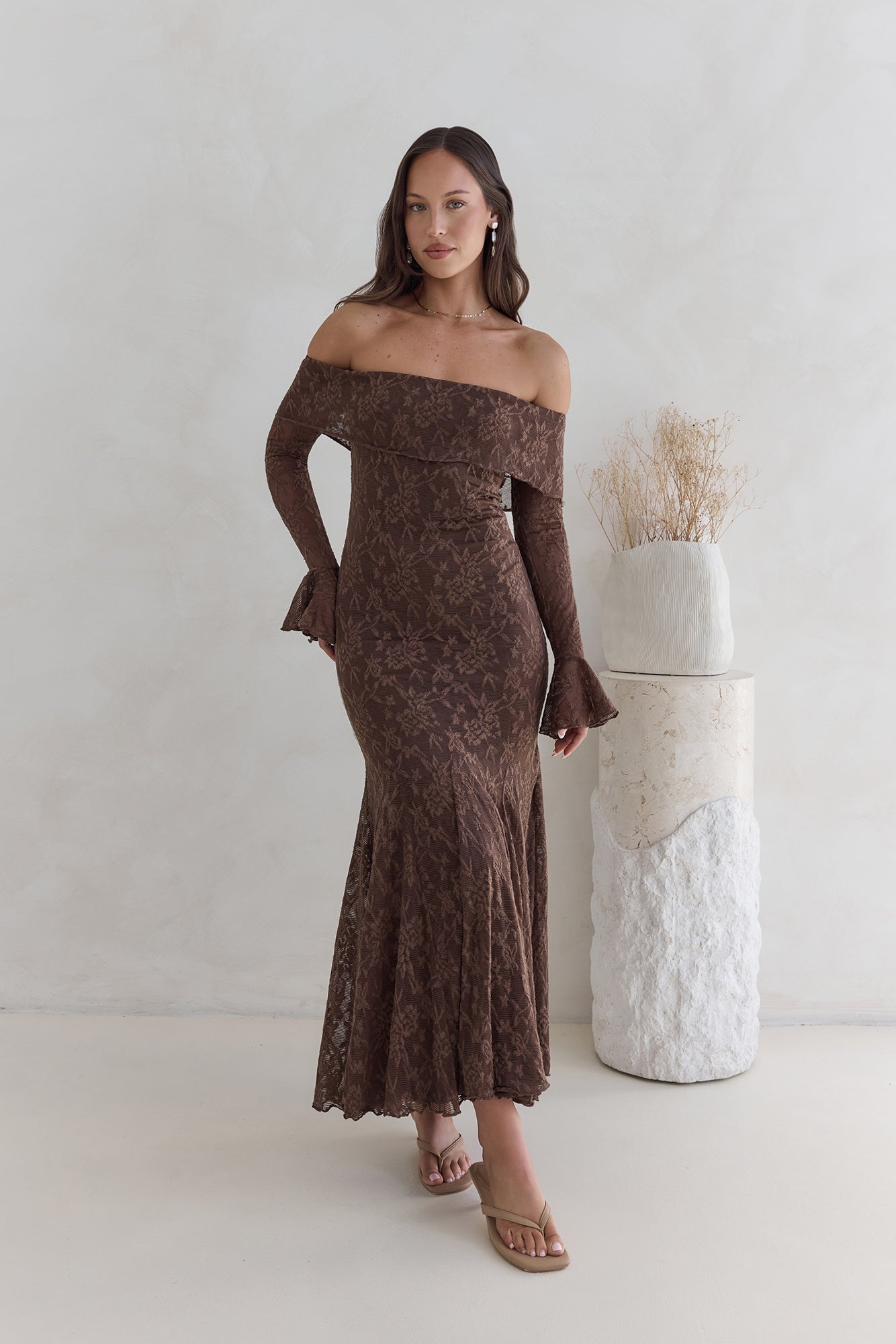 Here For Love Off Shoulder Mesh Maxi Dress Chocolate-Seaa Fashion