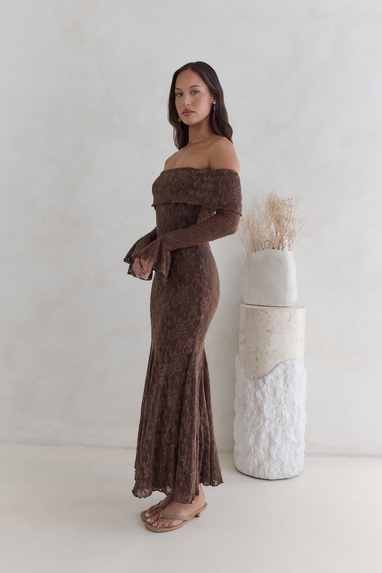 Here For Love Off Shoulder Mesh Maxi Dress Chocolate-Seaa Fashion