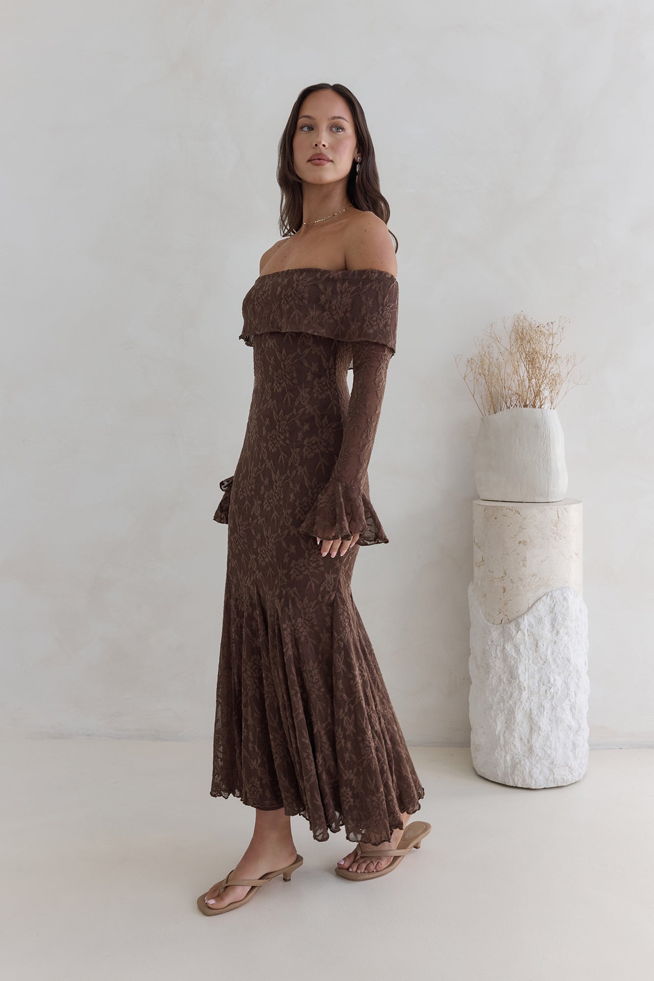 Here For Love Off Shoulder Mesh Maxi Dress Chocolate-Seaa Fashion