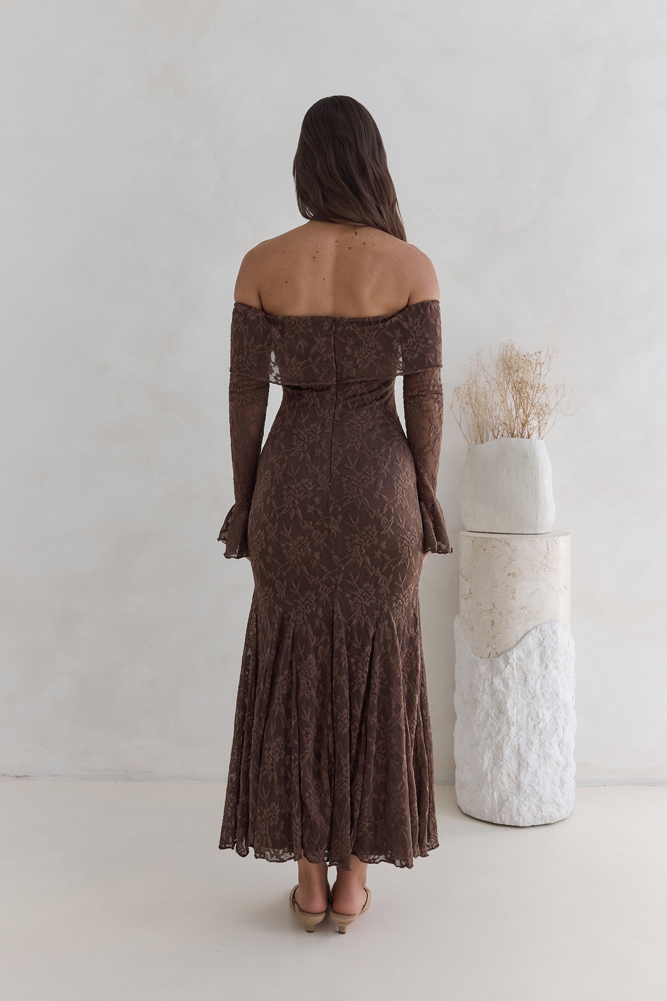 Here For Love Off Shoulder Mesh Maxi Dress Chocolate-Seaa Fashion