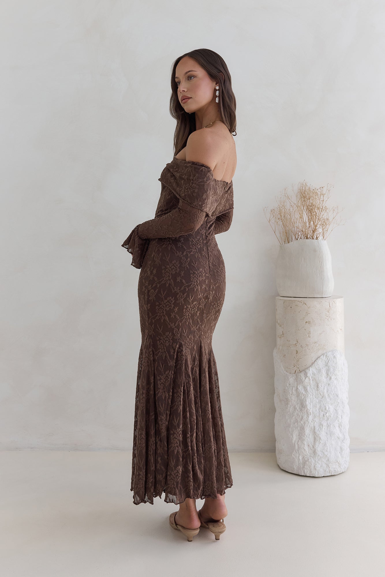 Here For Love Off Shoulder Mesh Maxi Dress Chocolate-Seaa Fashion