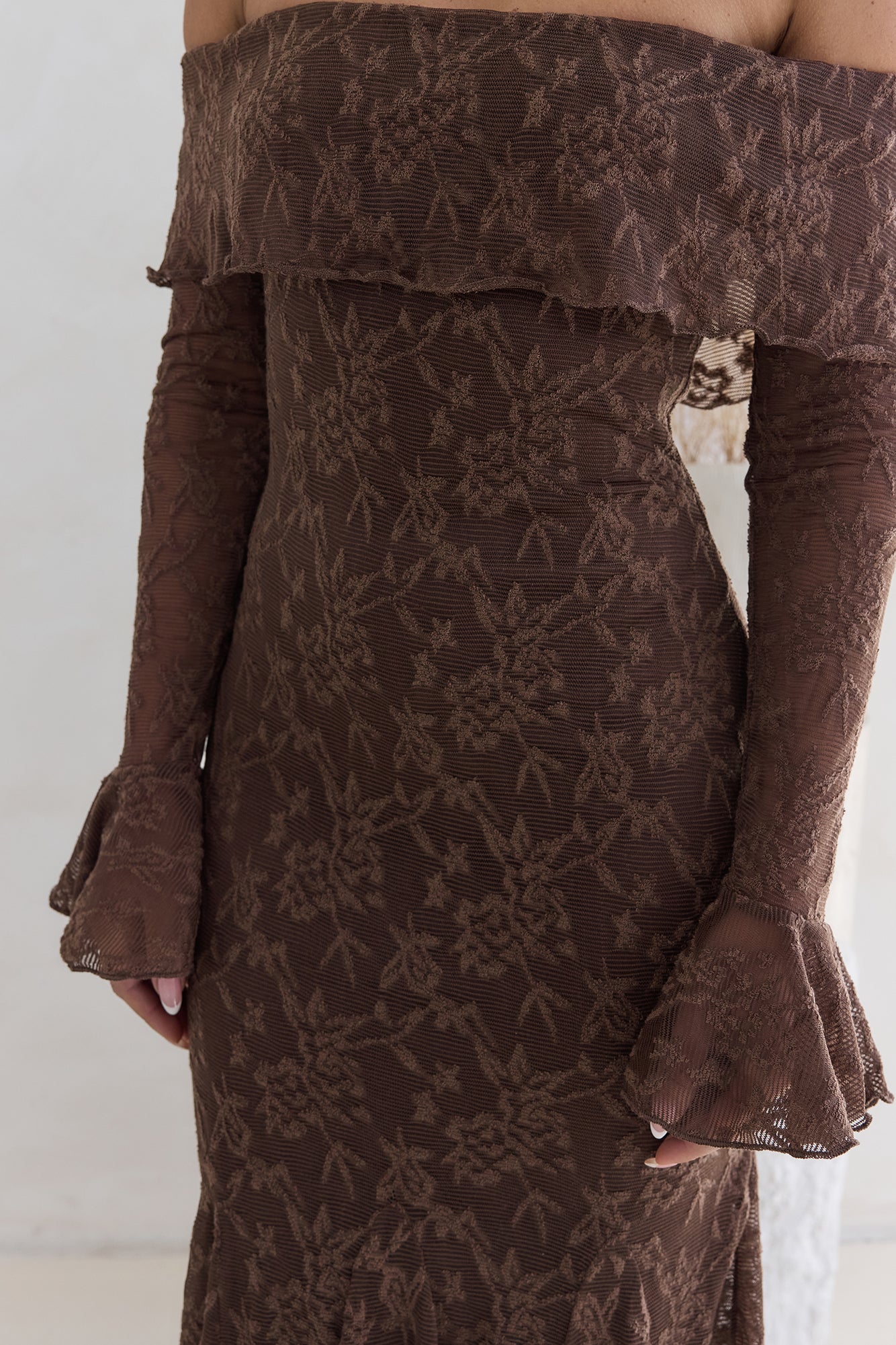 Here For Love Off Shoulder Mesh Maxi Dress Chocolate-Seaa Fashion