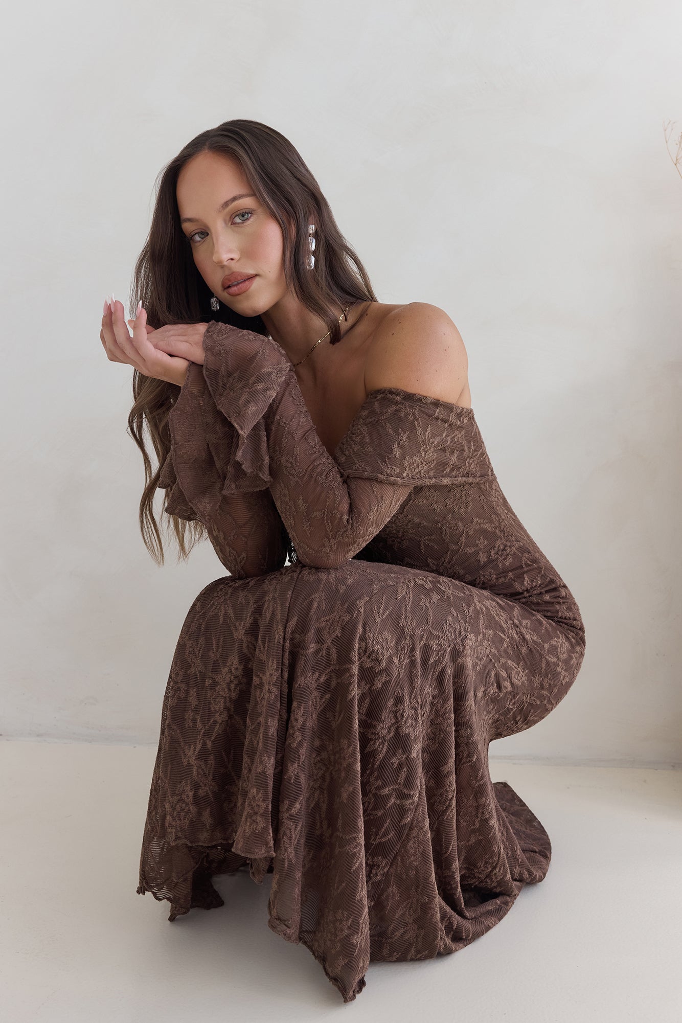 Here For Love Off Shoulder Mesh Maxi Dress Chocolate-Seaa Fashion