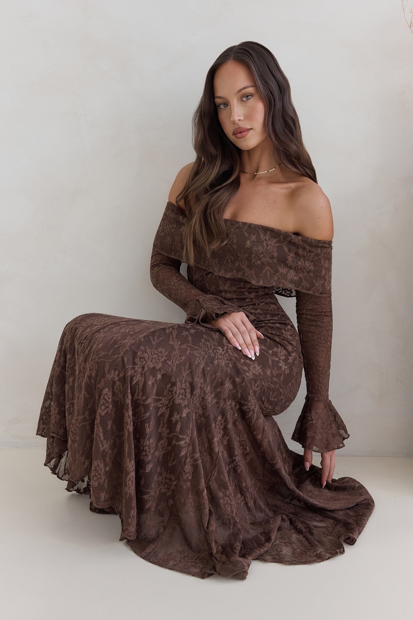 Here For Love Off Shoulder Mesh Maxi Dress Chocolate-Seaa Fashion