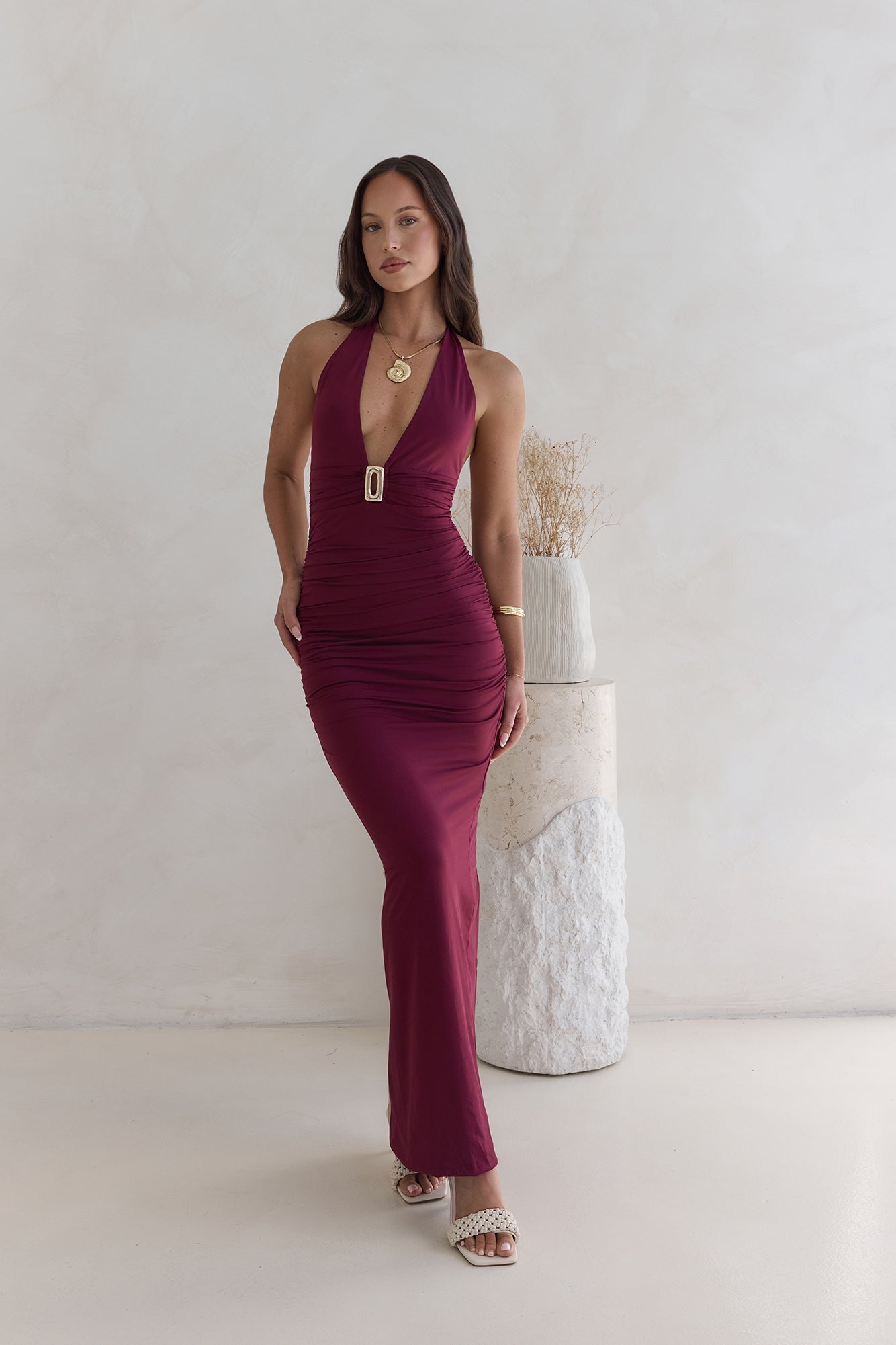 Under The Stars Halter Maxi Dress Burgundy-Seaa Fashion