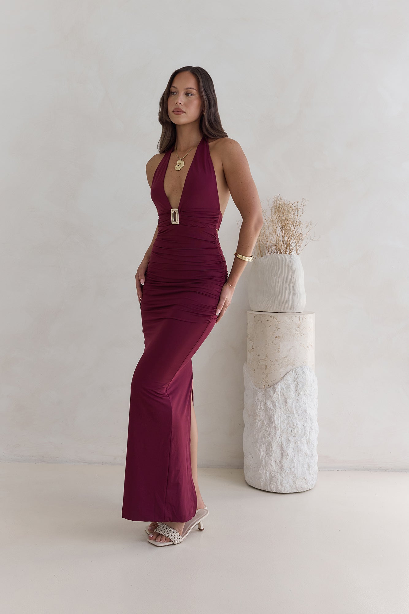 Under The Stars Halter Maxi Dress Burgundy-Seaa Fashion