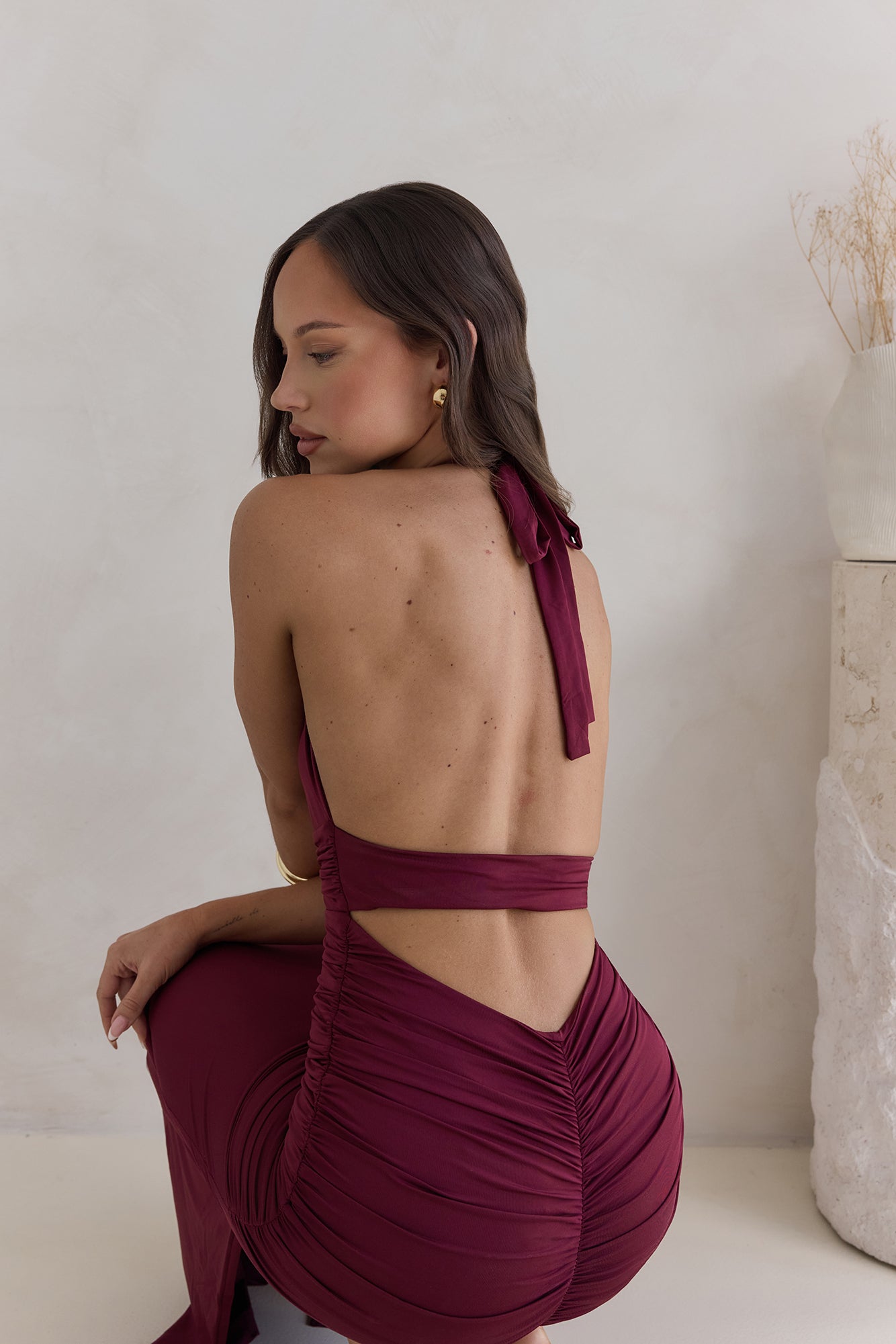 Under The Stars Halter Maxi Dress Burgundy-Seaa Fashion