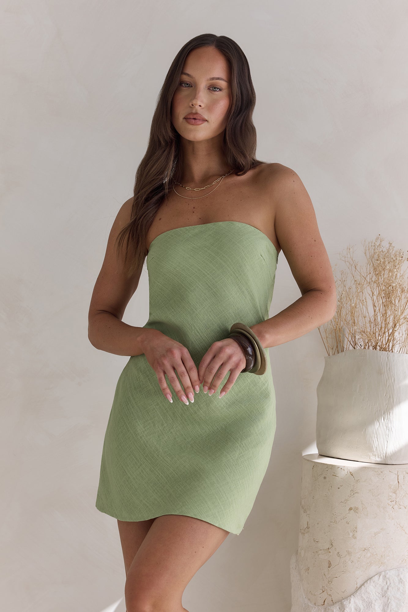 High Spirits Linen Mini Dress Sage-Seaa Fashion