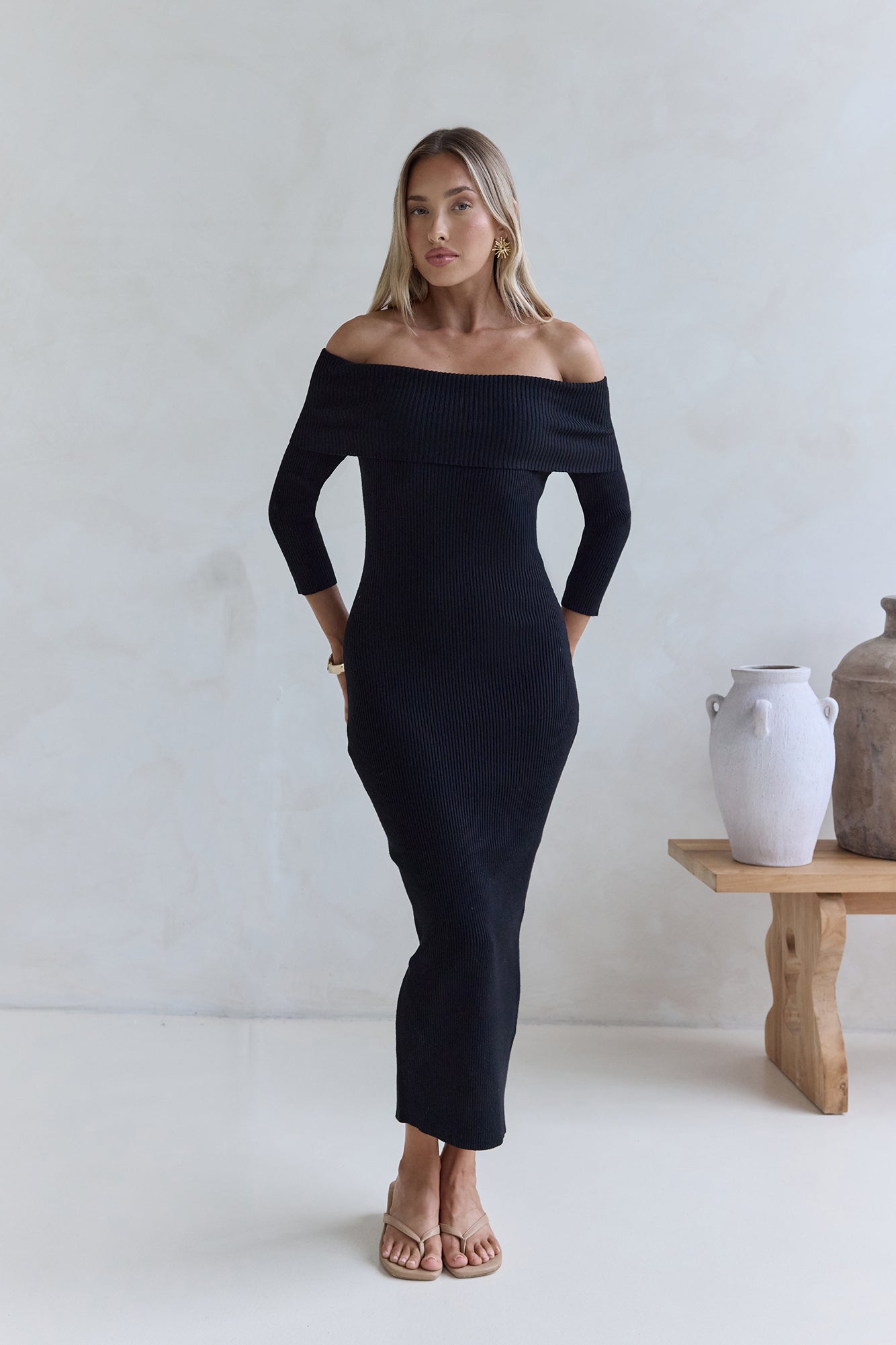 Chilled Luxe Off Shoulder Knit Maxi Dress Black-Seaa Fashion