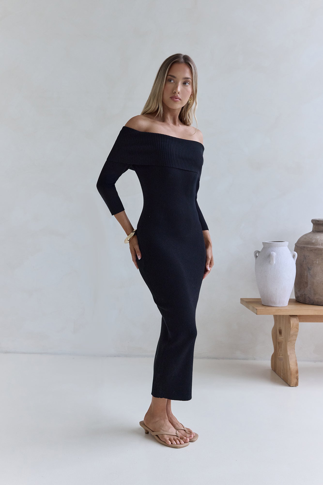 Chilled Luxe Off Shoulder Knit Maxi Dress Black-Seaa Fashion