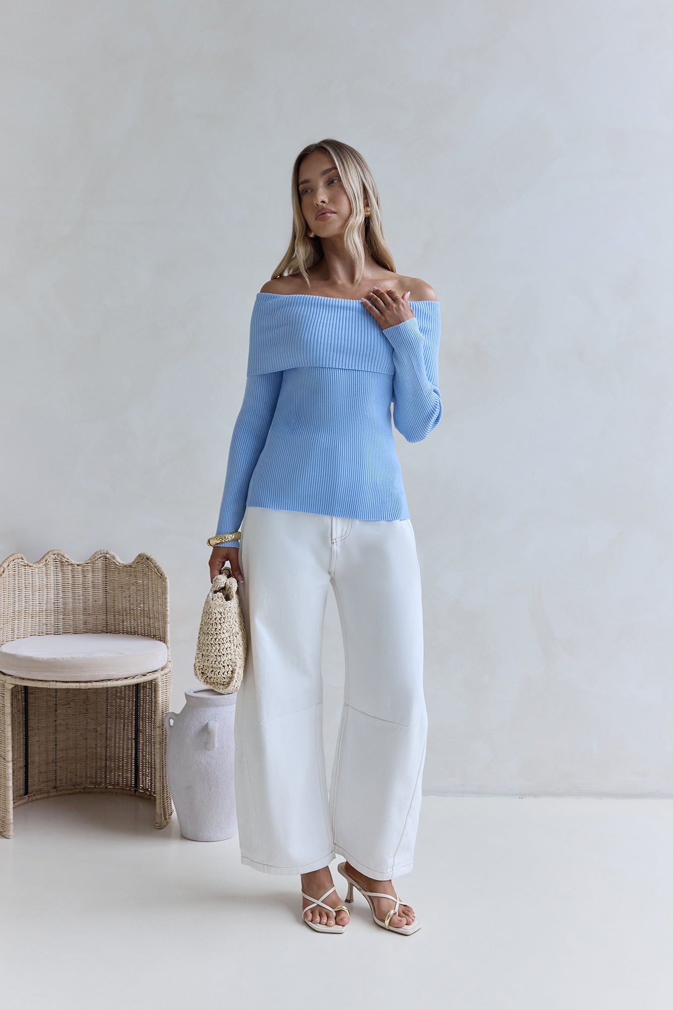 Dreamwave Off Shoulder Knit Top Blue-Seaa Fashion