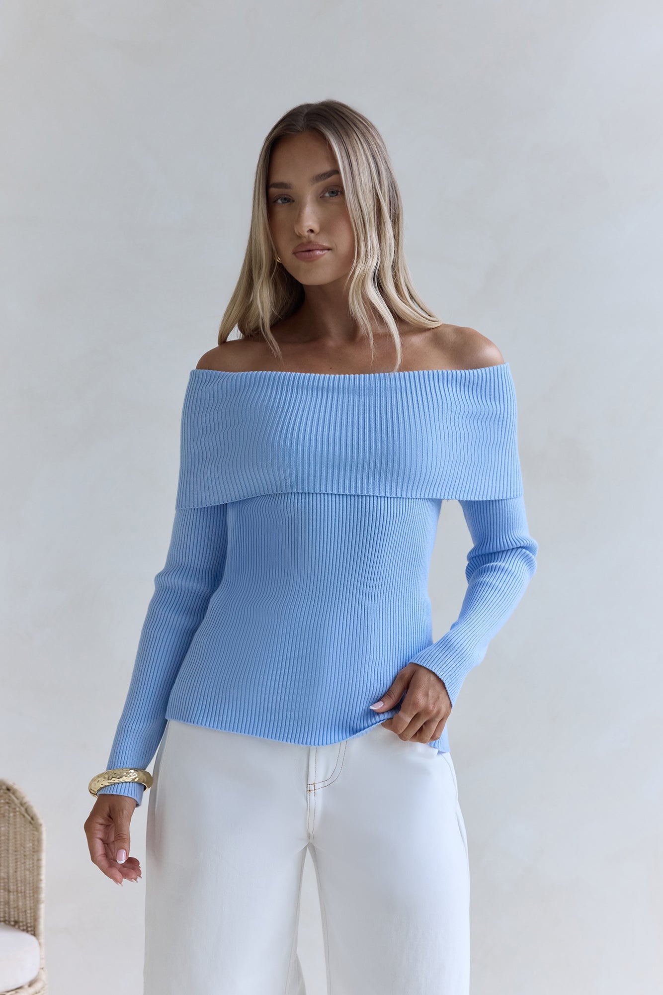 Dreamwave Off Shoulder Knit Top Blue-Seaa Fashion