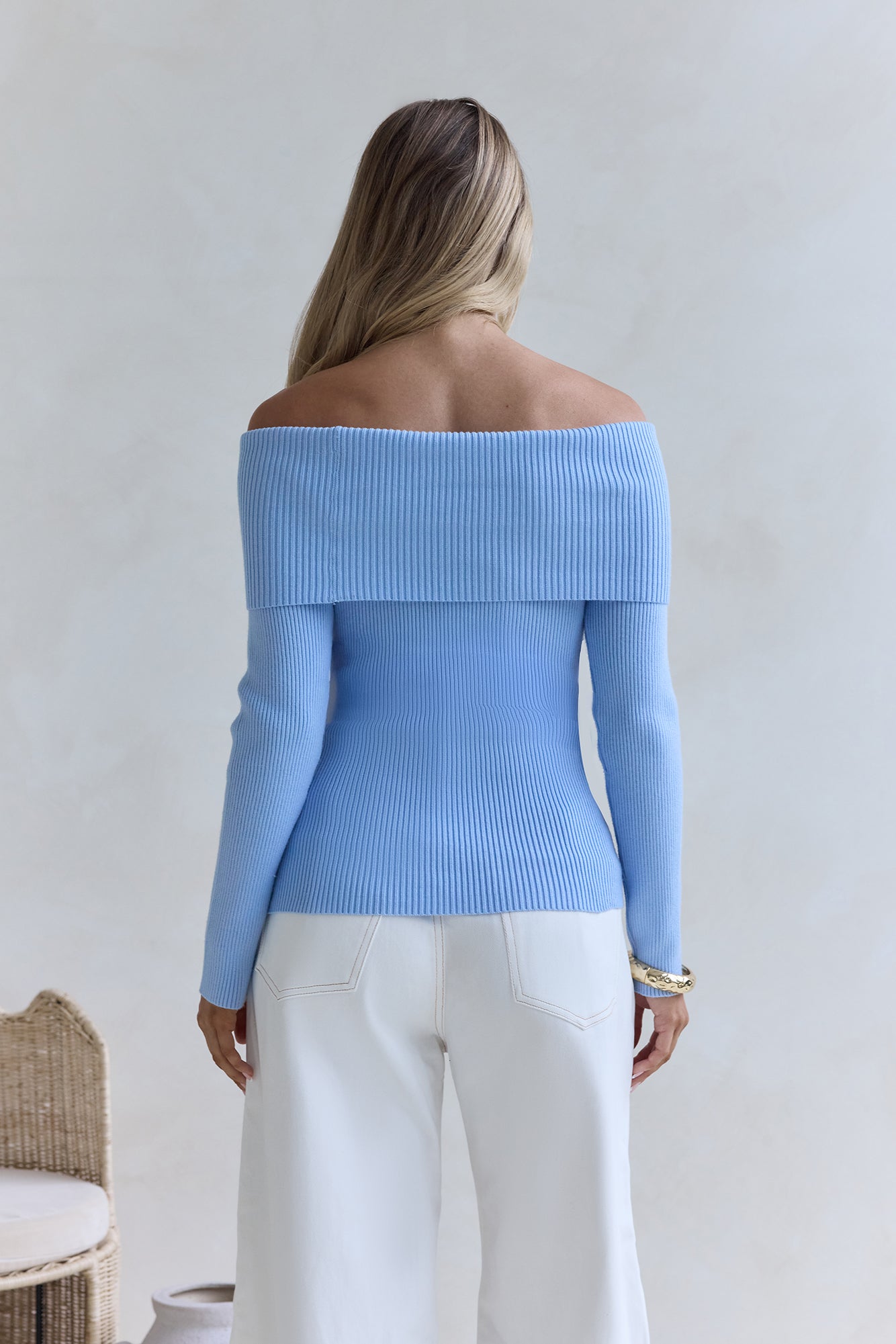 Dreamwave Off Shoulder Knit Top Blue-Seaa Fashion