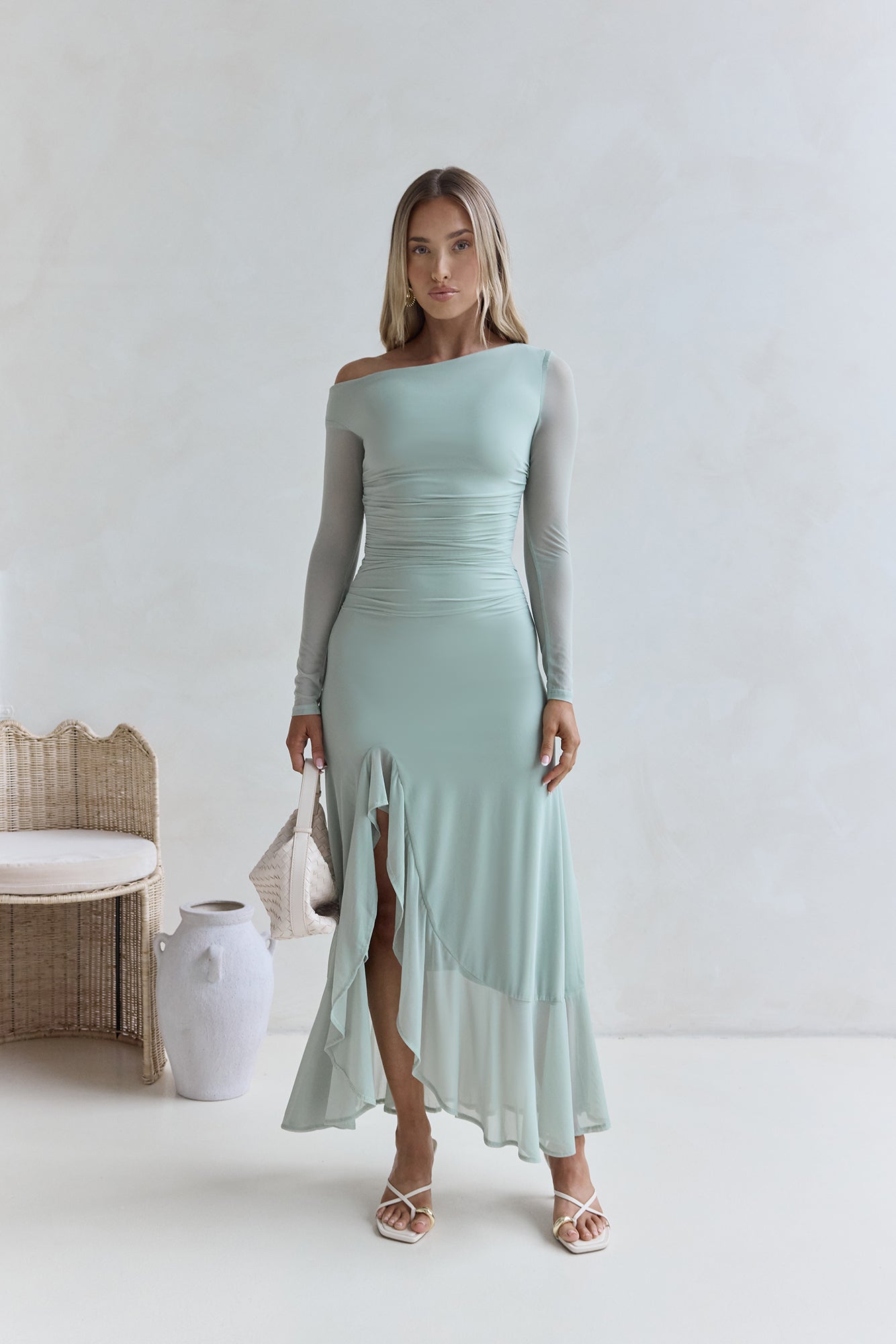 Whispered Secrets Mesh Long Sleeve Maxi Dress Sage-Seaa Fashion