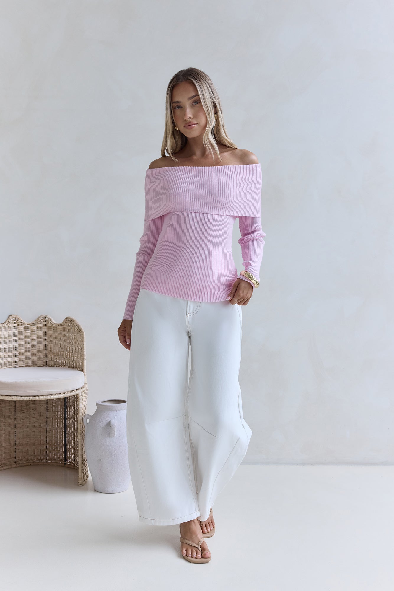 Dreamwave Off Shoulder Knit Top Pink-Seaa Fashion