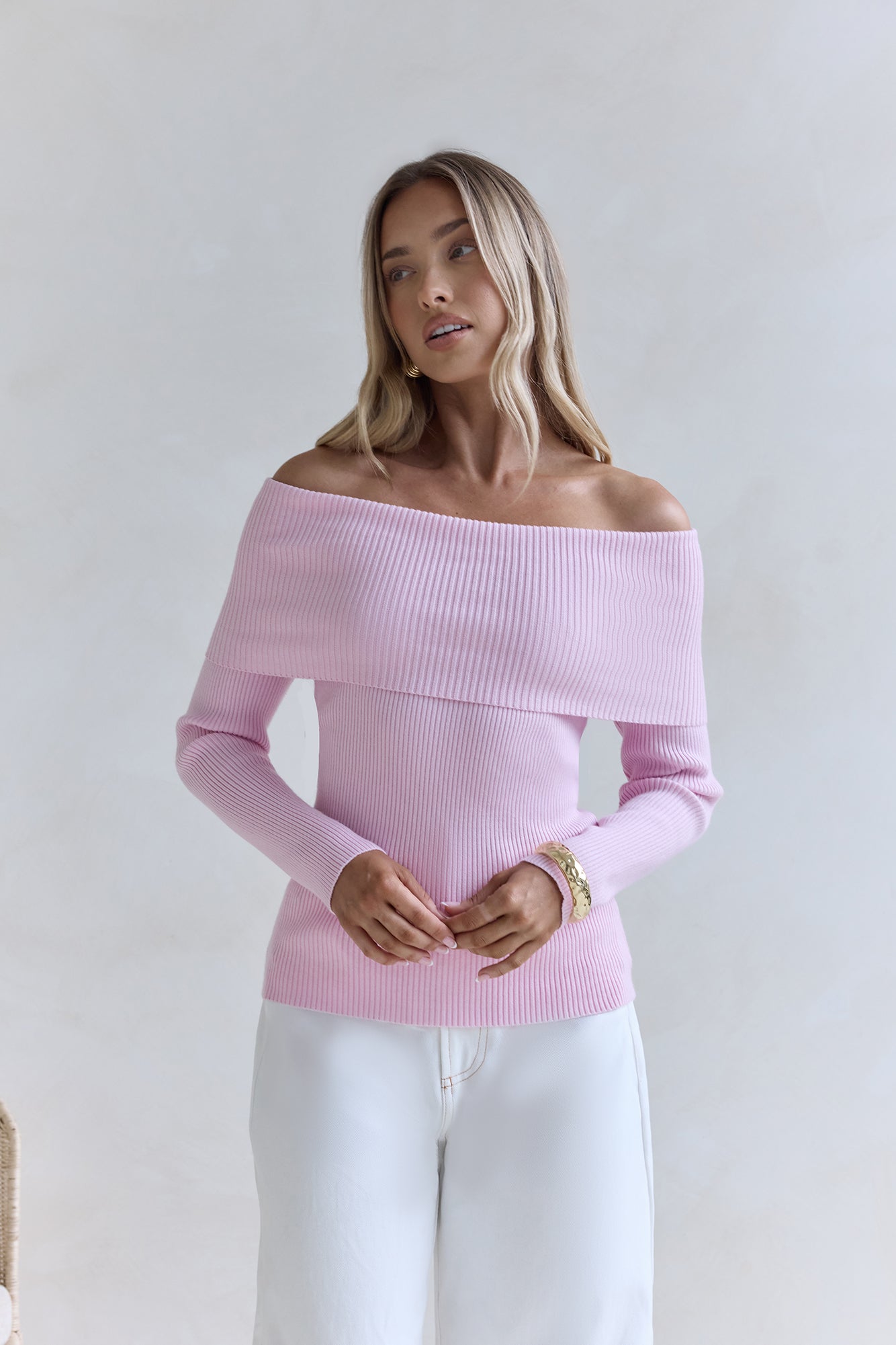 Dreamwave Off Shoulder Knit Top Pink-Seaa Fashion