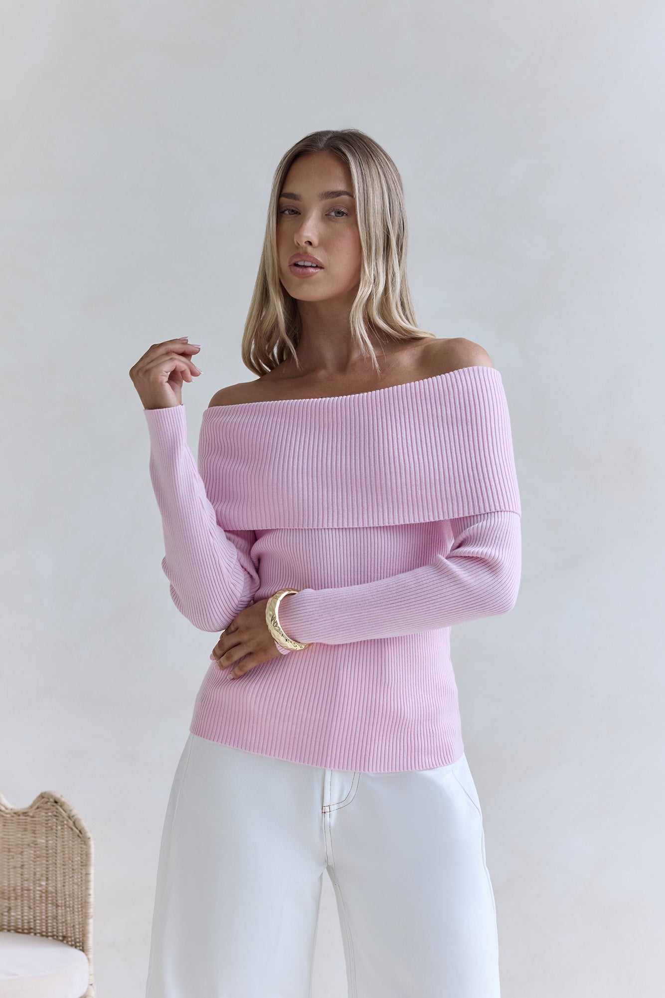 Dreamwave Off Shoulder Knit Top Pink-Seaa Fashion