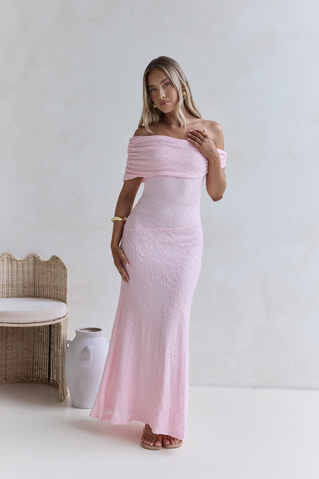 Sea And Selfies Off Shoulder Maxi Dress Pink-Seaa Fashion