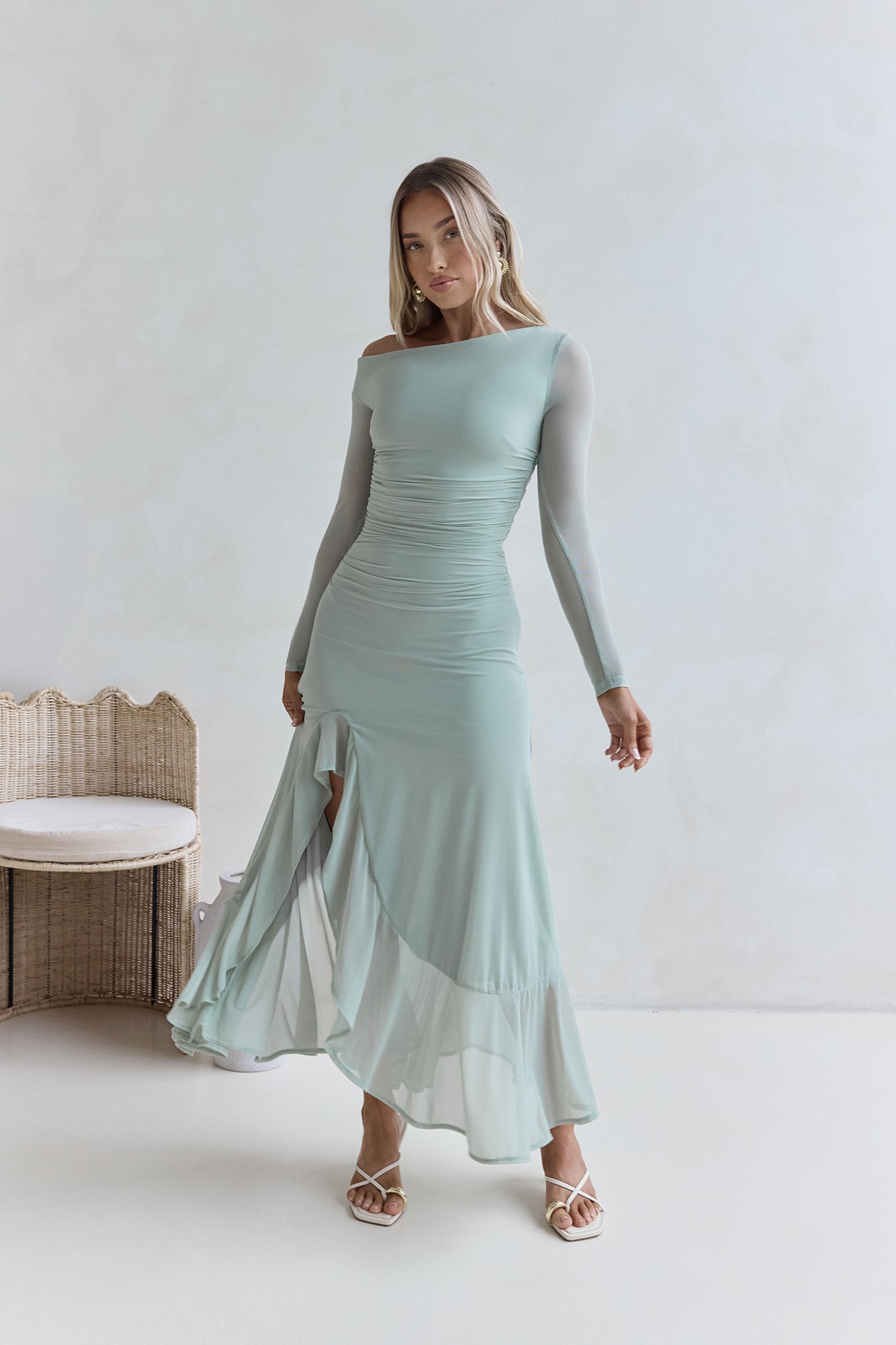 Whispered Secrets Mesh Long Sleeve Maxi Dress Sage-Seaa Fashion