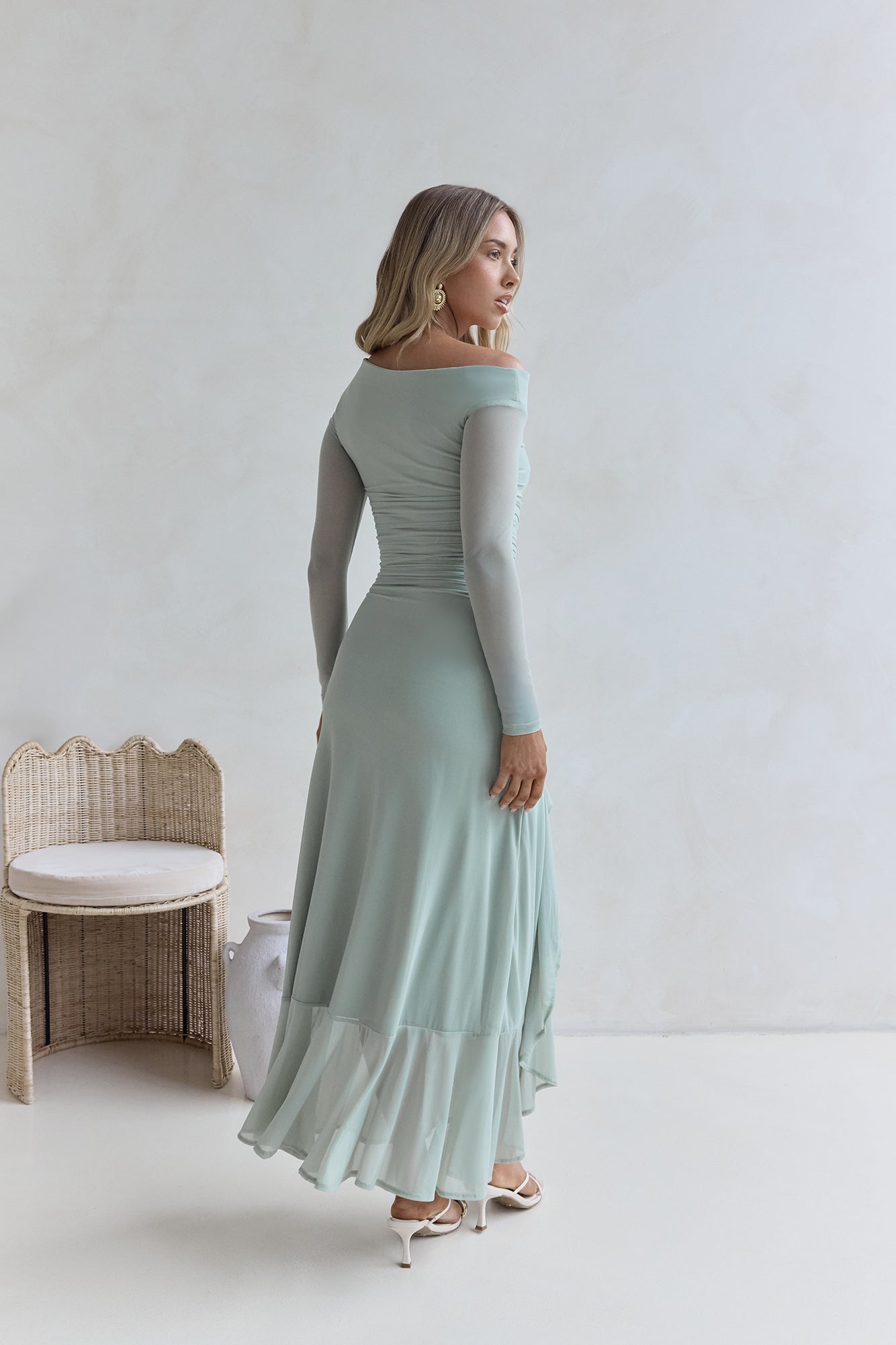 Whispered Secrets Mesh Long Sleeve Maxi Dress Sage-Seaa Fashion