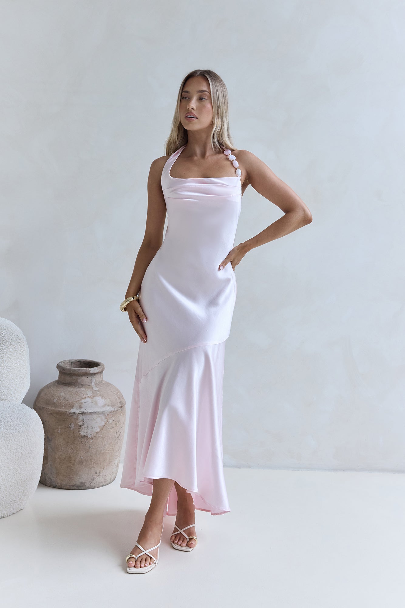 Lucky In Life Satin Halter Maxi Dress Pink-Seaa Fashion